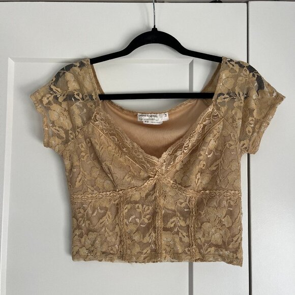 Lace V-Neck Cropped Gold/Beige Top - Picture 1 of 5